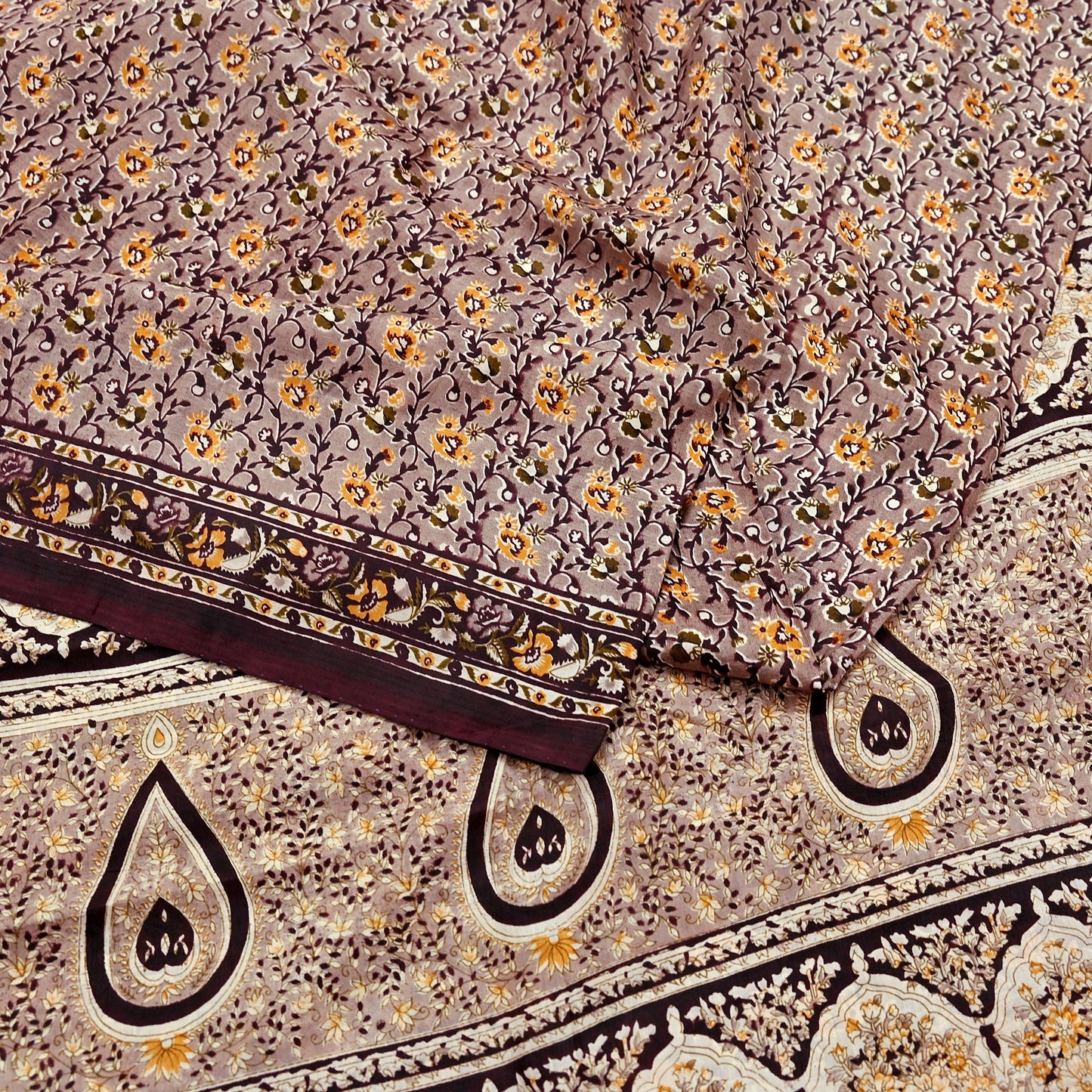 Indian Vintage Sari Brown 100% Pure Silk Printed Saree 5yard Sewing Craft Fabric DressMaking Wrap Floral Crafting Quilting