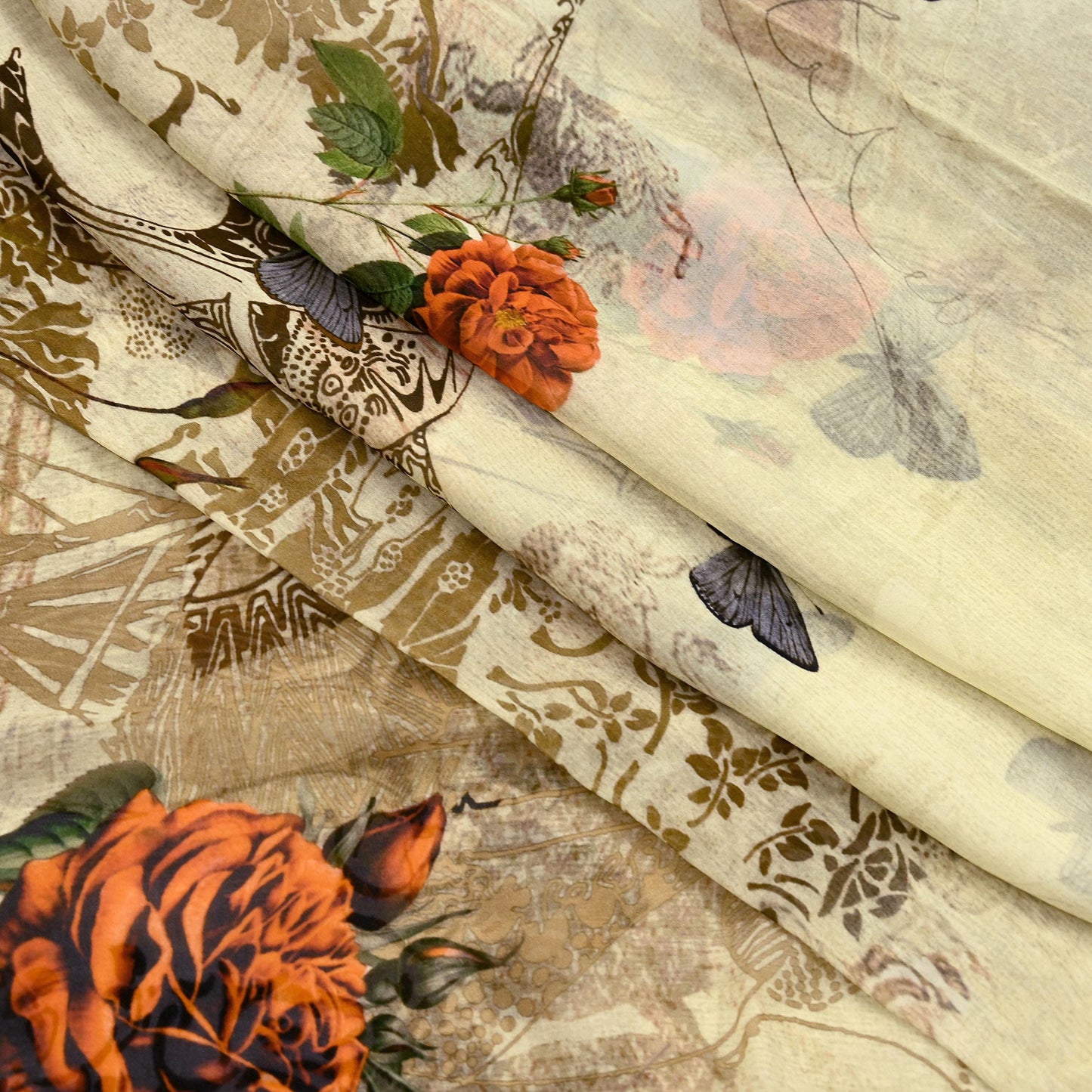 Women Vintage Sari Beige Pure Georgette Silk Digital Printed Saree Craft Fabric Sewing 6Yd Light Dress Making Geometric Crafting Quilting