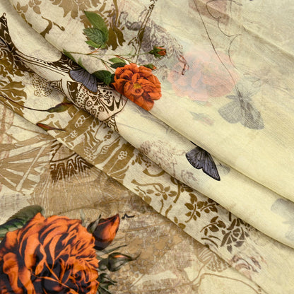 Women Vintage Sari Beige Pure Georgette Silk Digital Printed Saree Craft Fabric Sewing 6Yd Light Dress Making Geometric Crafting Quilting