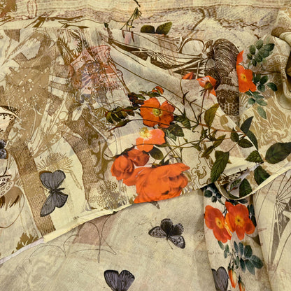 Women Vintage Sari Beige Pure Georgette Silk Digital Printed Saree Craft Fabric Sewing 6Yd Light Dress Making Geometric Crafting Quilting