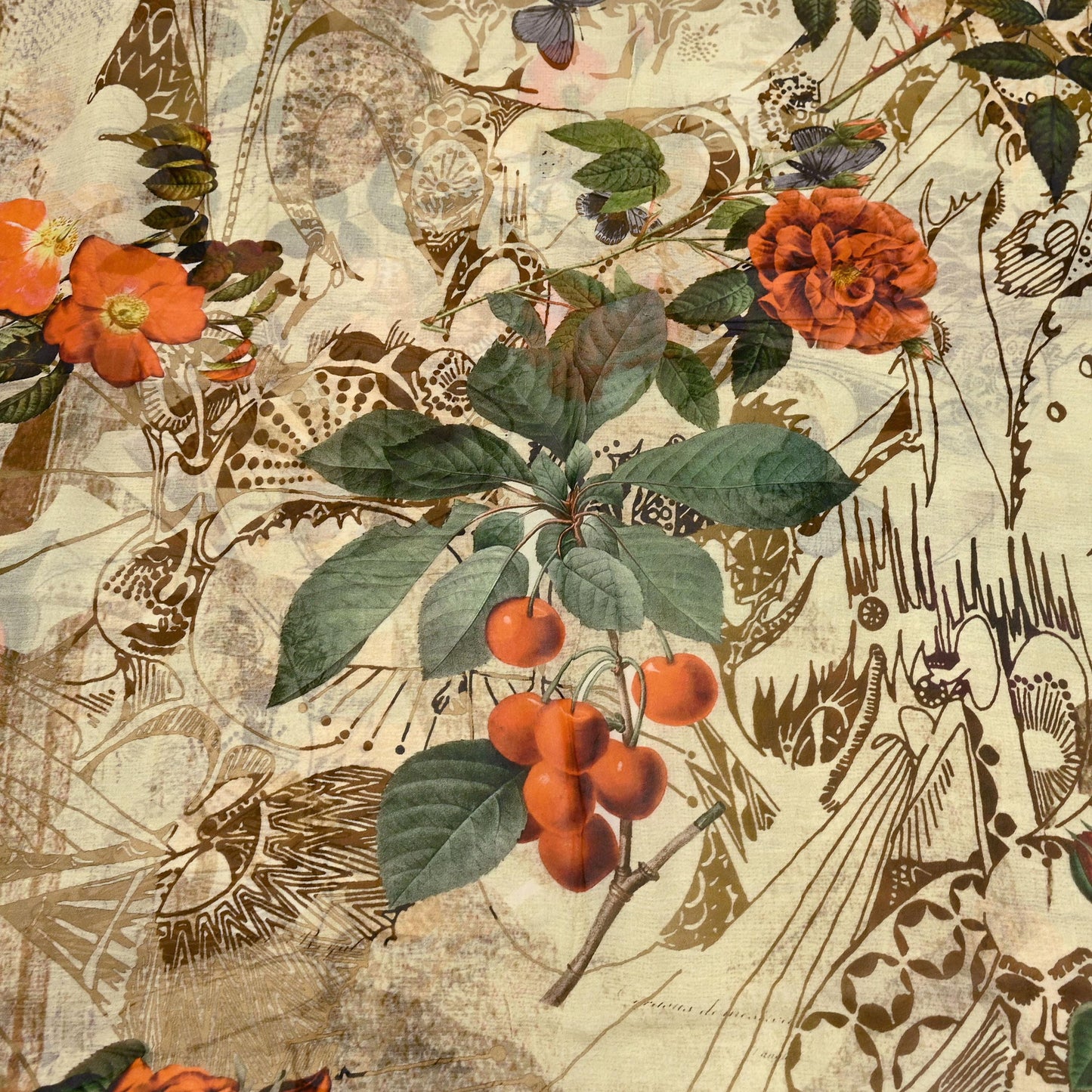 Women Vintage Sari Beige Pure Georgette Silk Digital Printed Saree Craft Fabric Sewing 6Yd Light Dress Making Geometric Crafting Quilting