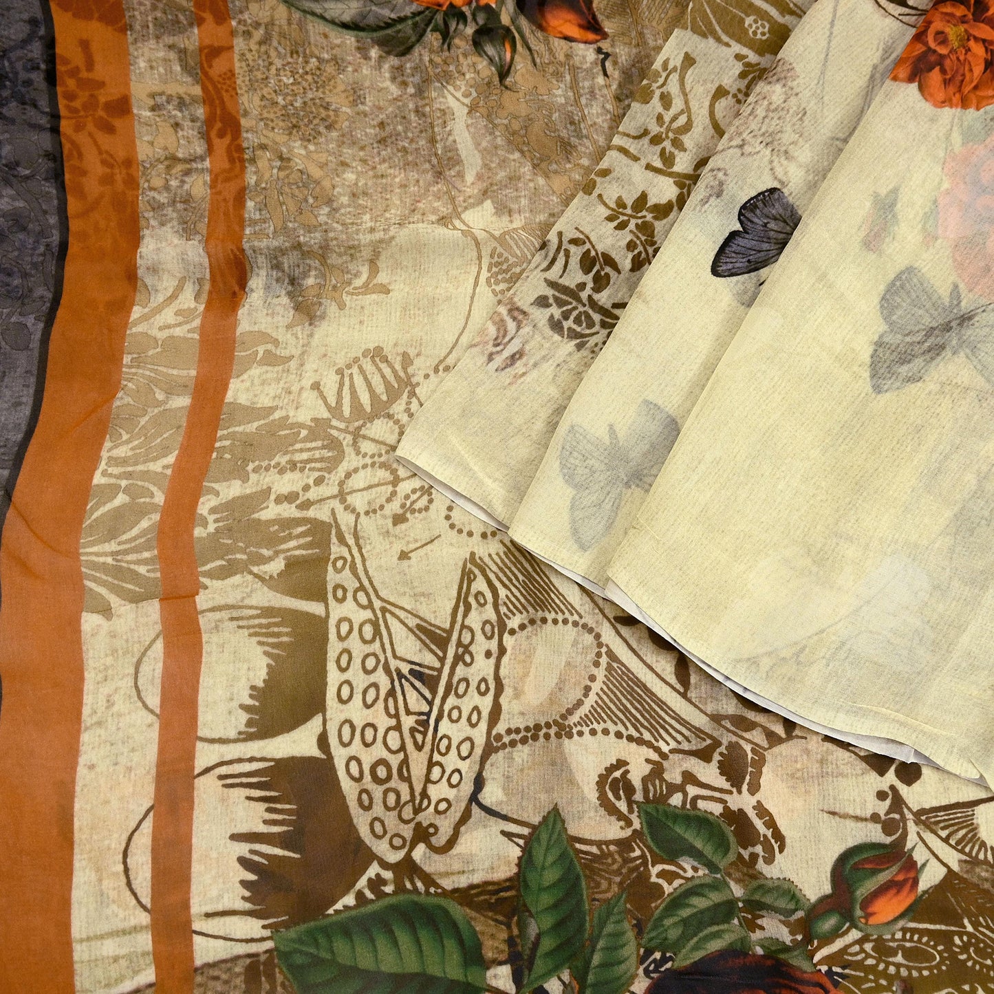 Women Vintage Sari Beige Pure Georgette Silk Digital Printed Saree Craft Fabric Sewing 6Yd Light Dress Making Geometric Crafting Quilting