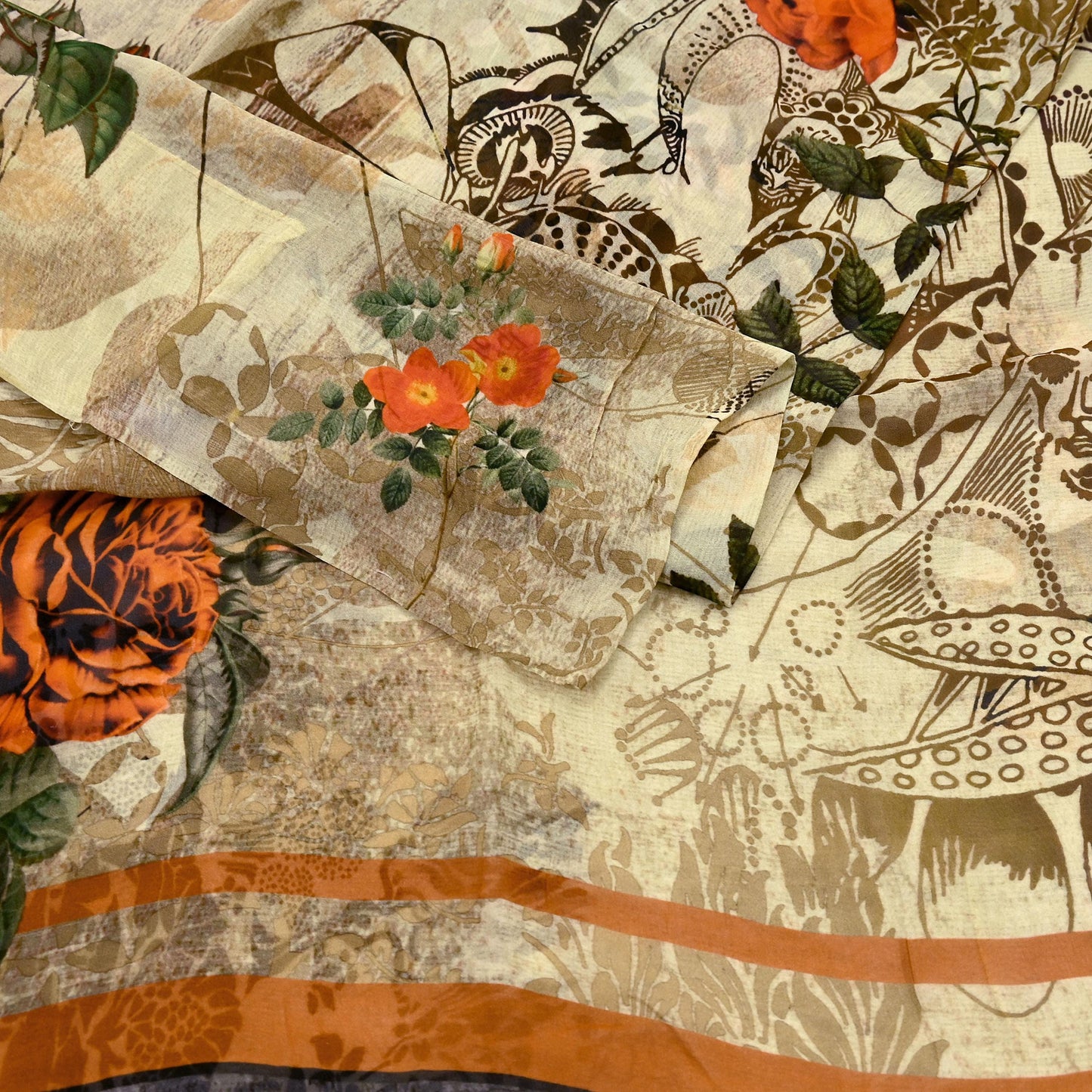 Women Vintage Sari Beige Pure Georgette Silk Digital Printed Saree Craft Fabric Sewing 6Yd Light Dress Making Geometric Crafting Quilting