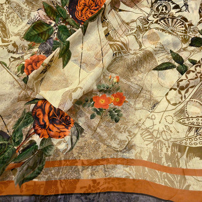 Women Vintage Sari Beige Pure Georgette Silk Digital Printed Saree Craft Fabric Sewing 6Yd Light Dress Making Geometric Crafting Quilting