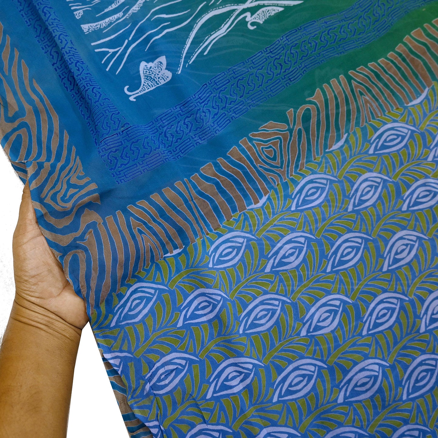 Vintage Sari Blue & Green 100% Pure Georgette Silk Printed Saree Sewing 6yd Craft Soft Dress Designing for Crafting Abstract