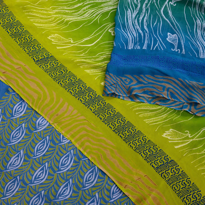 Vintage Sari Blue & Green 100% Pure Georgette Silk Printed Saree Sewing 6yd Craft Soft Dress Designing for Crafting Abstract