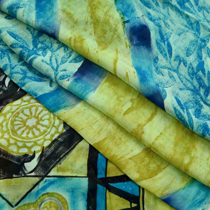 Indian Vintage Sari Blue & Green 100% Pure Georgette Silk Printed Sarees Sewing 6yd Craft Soft Dress Designing for Crafting Abstract