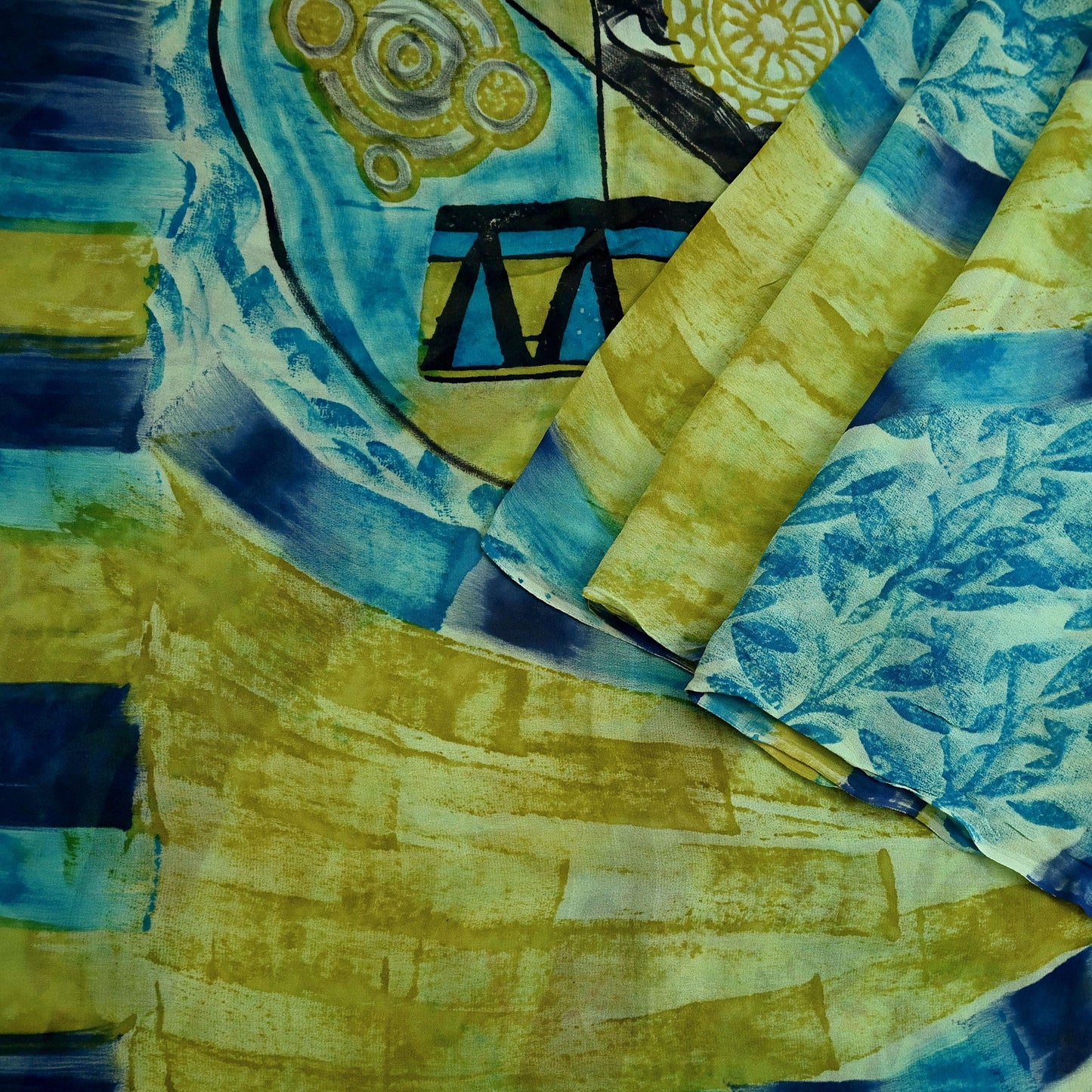 Indian Vintage Sari Blue & Green 100% Pure Georgette Silk Printed Sarees Sewing 6yd Craft Soft Dress Designing for Crafting Abstract