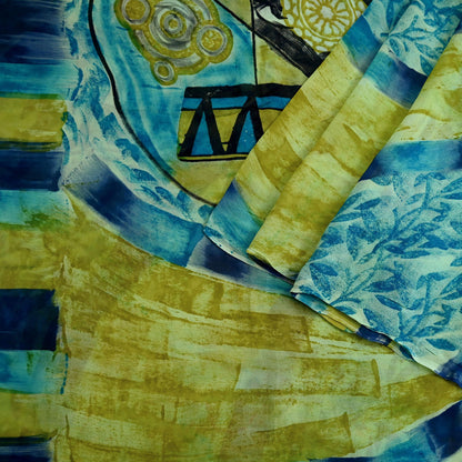 Indian Vintage Sari Blue & Green 100% Pure Georgette Silk Printed Sarees Sewing 6yd Craft Soft Dress Designing for Crafting Abstract