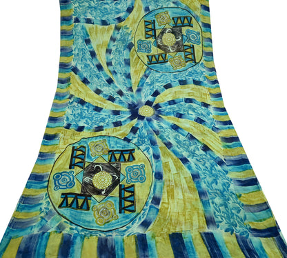 Indian Vintage Sari Blue & Green 100% Pure Georgette Silk Printed Sarees Sewing 6yd Craft Soft Dress Designing for Crafting Abstract