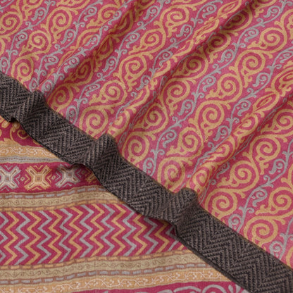 Indian Vintage Saree Pink & Beige Pure Woolen Woven Printed Sari Soft Warm Fabric 5Yard Floral Woven Border