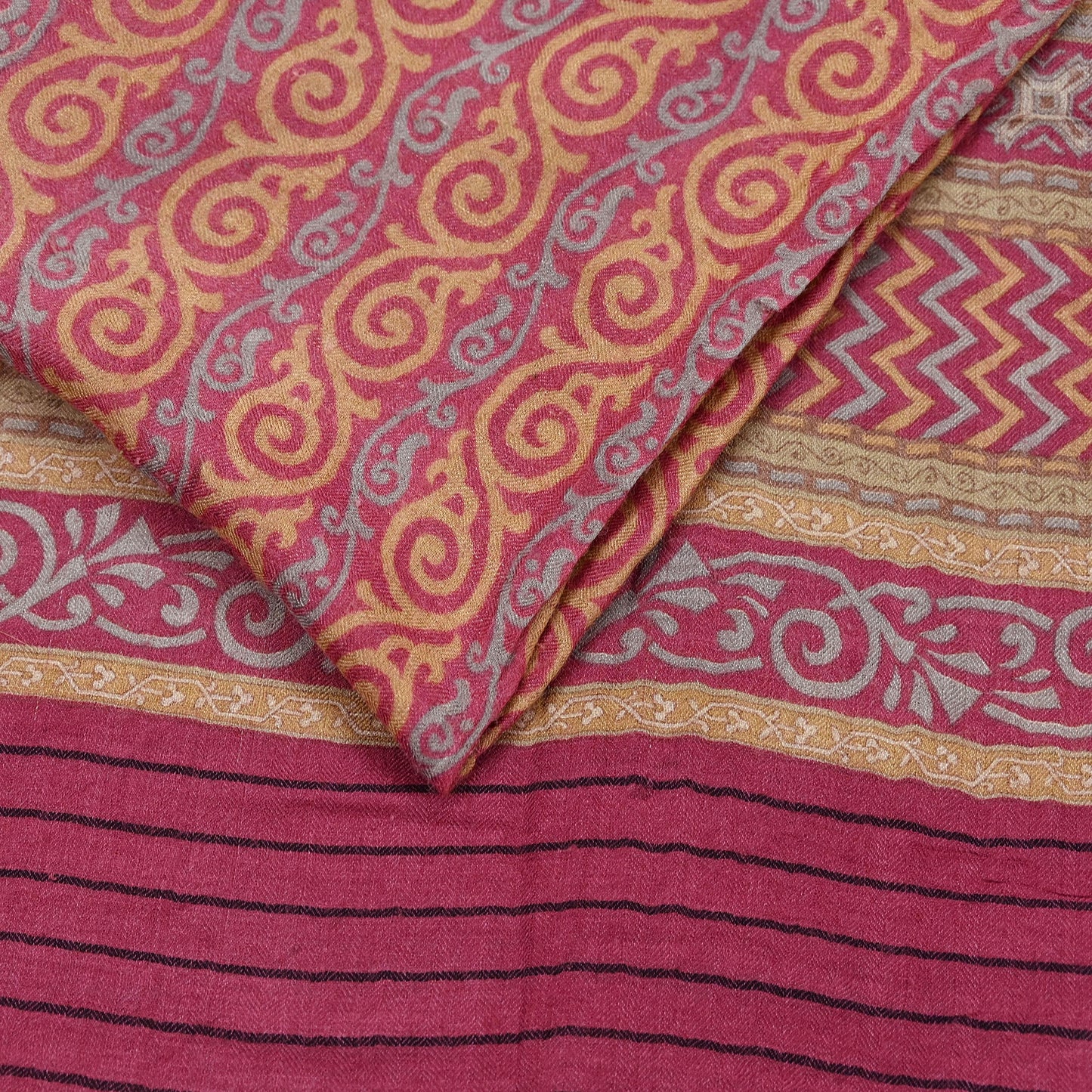 Indian Vintage Saree Pink & Beige Pure Woolen Woven Printed Sari Soft Warm Fabric 5Yard Floral Woven Border