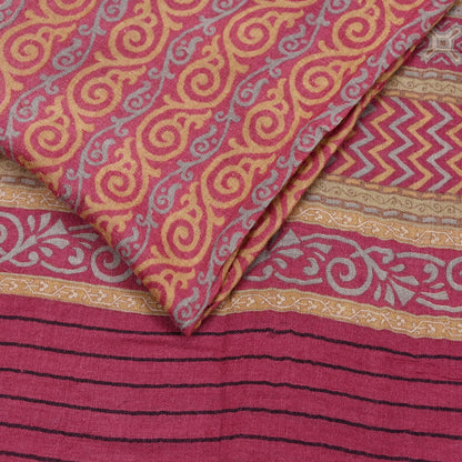 Indian Vintage Saree Pink & Beige Pure Woolen Woven Printed Sari Soft Warm Fabric 5Yard Floral Woven Border