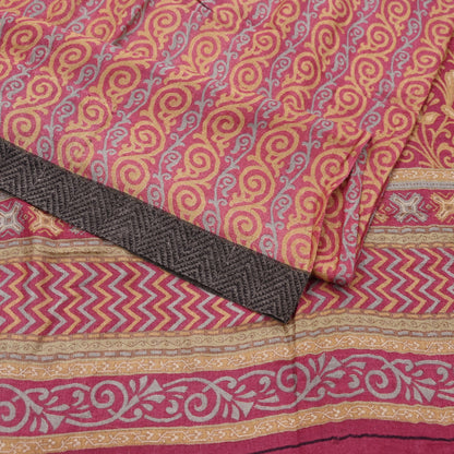 Indian Vintage Saree Pink & Beige Pure Woolen Woven Printed Sari Soft Warm Fabric 5Yard Floral Woven Border