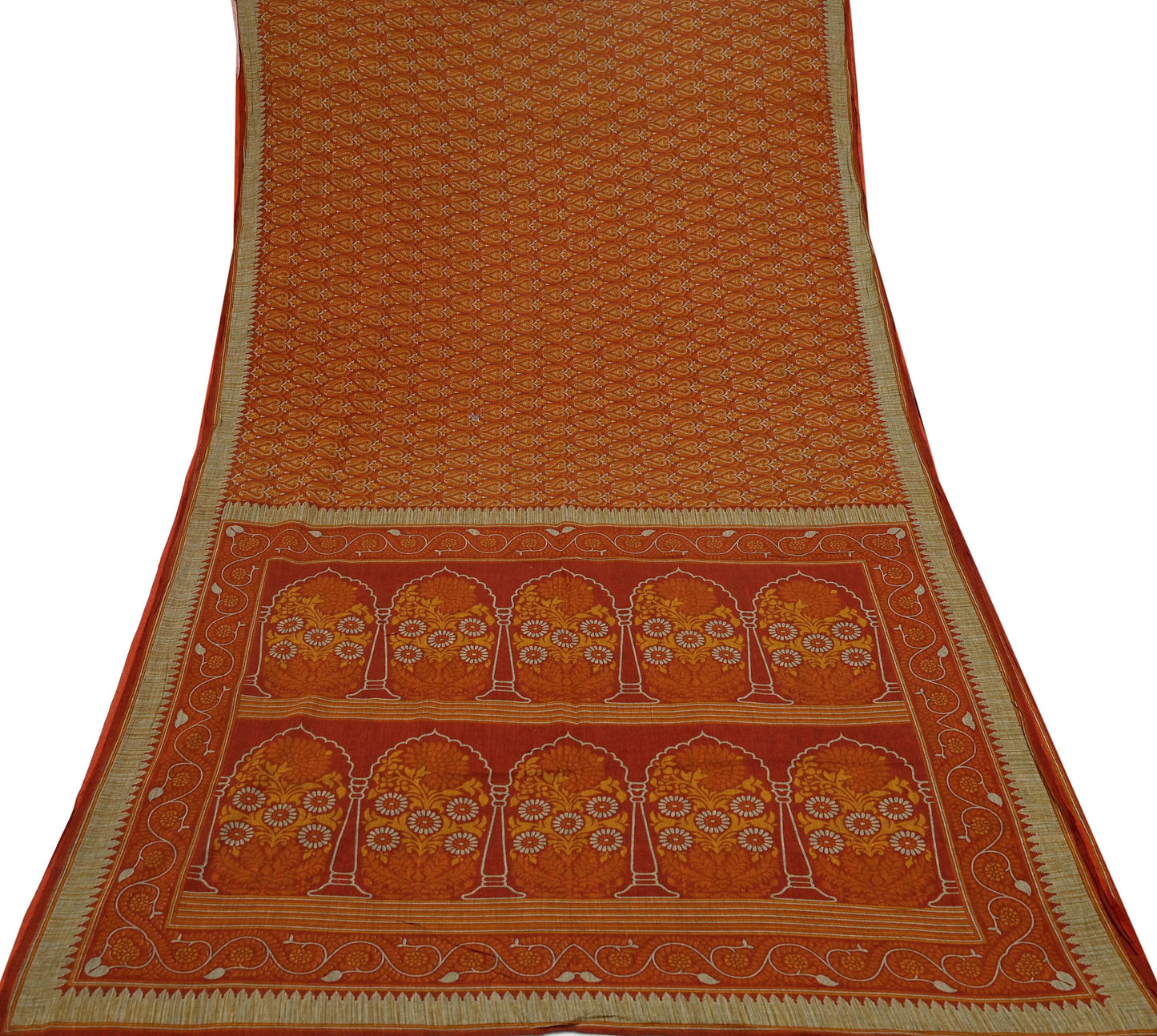Indian Vintage Sari Maroon & Orange Pure Cotton Printed Saree 5Yd Craft Fabric Soft Floral Sarong Wrap Boho Kimono Quilting Dress Making