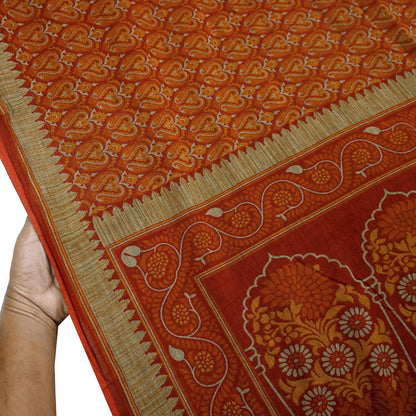 Indian Vintage Sari Maroon & Orange Pure Cotton Printed Saree 5Yd Craft Fabric Soft Floral Sarong Wrap Boho Kimono Quilting Dress Making