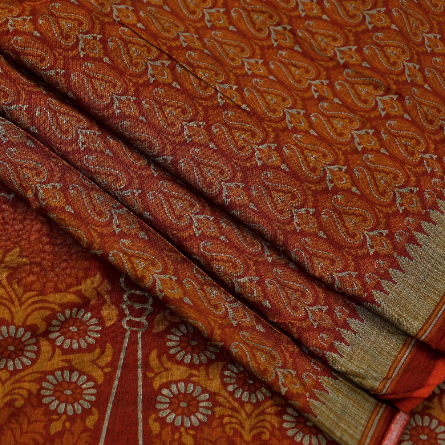 Indian Vintage Sari Maroon & Orange Pure Cotton Printed Saree 5Yd Craft Fabric Soft Floral Sarong Wrap Boho Kimono Quilting Dress Making