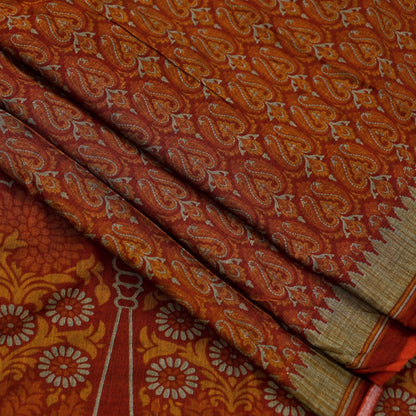 Indian Vintage Sari Maroon & Orange Pure Cotton Printed Saree 5Yd Craft Fabric Soft Floral Sarong Wrap Boho Kimono Quilting Dress Making
