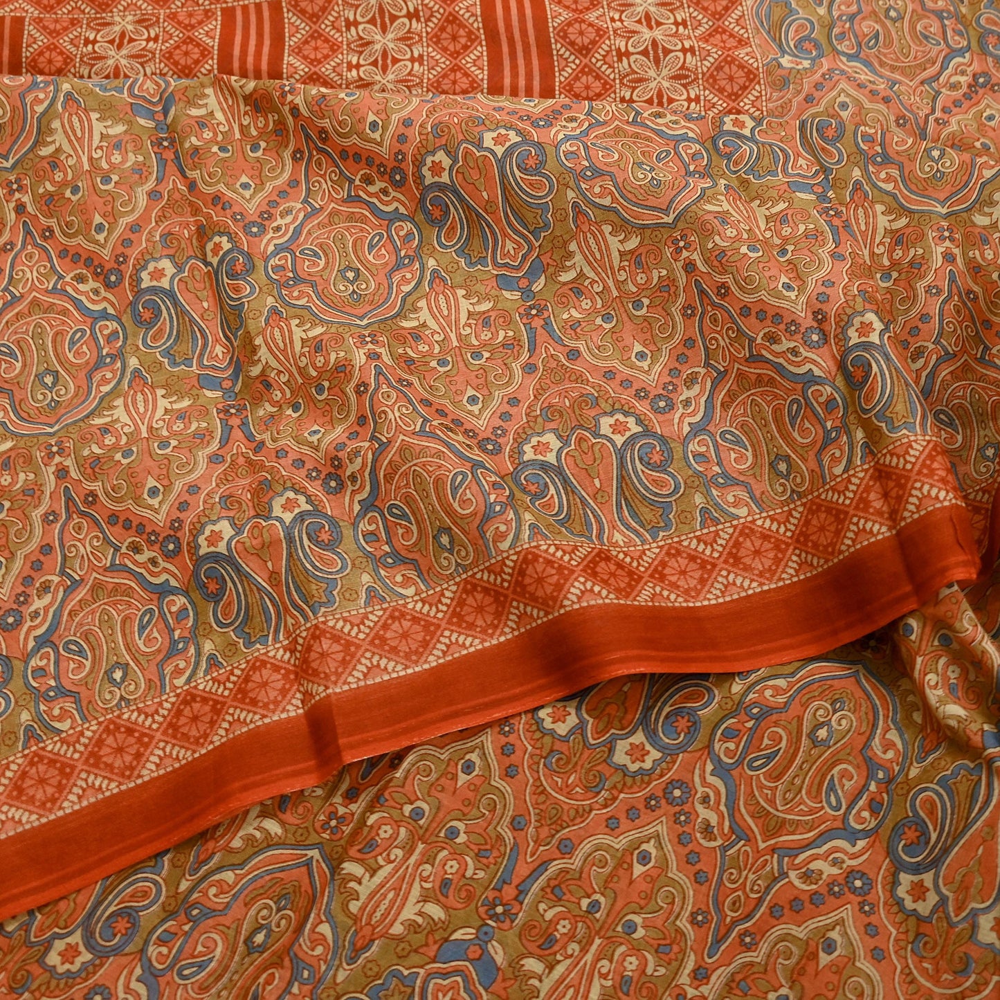 Indian Vintage Sari Green & Orange Printed Pure Cotton Sarees Craft Soft Fabric 5Yd Sewing Sarong Wrap Boho Floral Upcycle Dress making