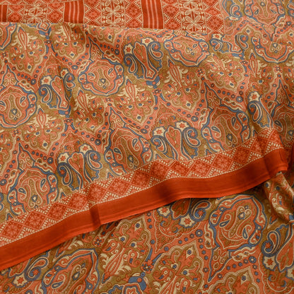 Indian Vintage Sari Green & Orange Printed Pure Cotton Sarees Craft Soft Fabric 5Yd Sewing Sarong Wrap Boho Floral Upcycle Dress making