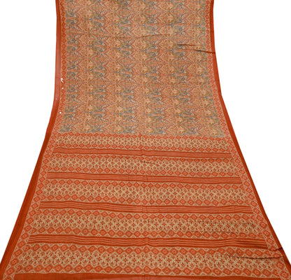 Indian Vintage Sari Green & Orange Printed Pure Cotton Sarees Craft Soft Fabric 5Yd Sewing Sarong Wrap Boho Floral Upcycle Dress making