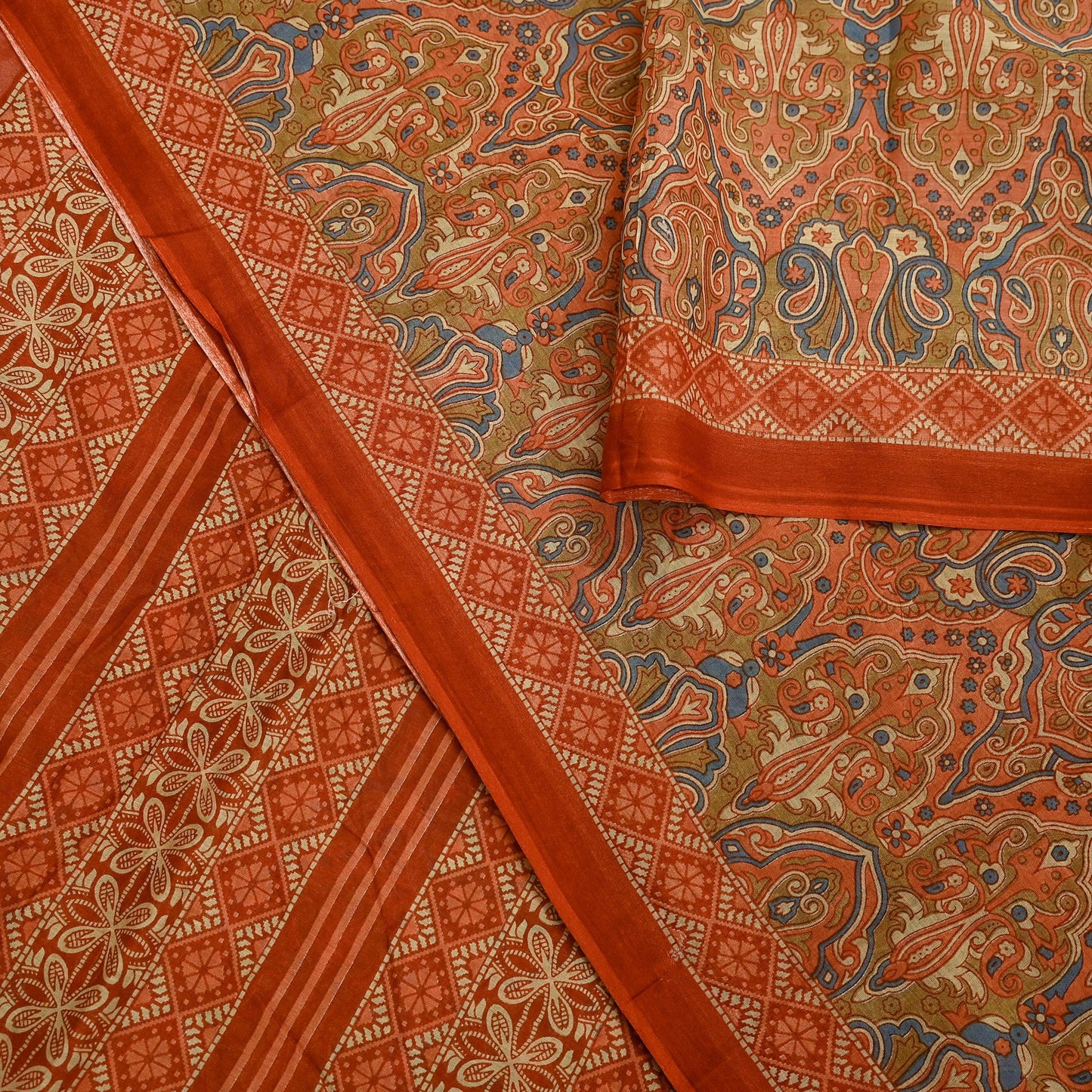 Indian Vintage Sari Green & Orange Printed Pure Cotton Sarees Craft Soft Fabric 5Yd Sewing Sarong Wrap Boho Floral Upcycle Dress making