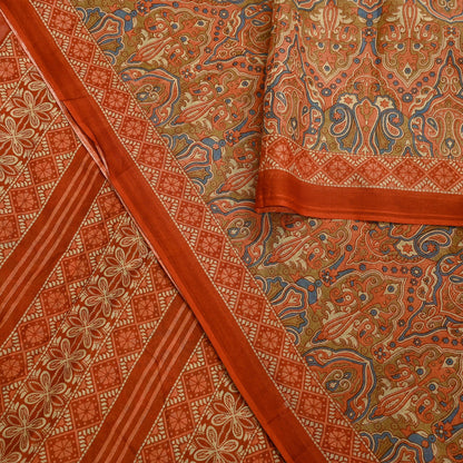 Indian Vintage Sari Green & Orange Printed Pure Cotton Sarees Craft Soft Fabric 5Yd Sewing Sarong Wrap Boho Floral Upcycle Dress making