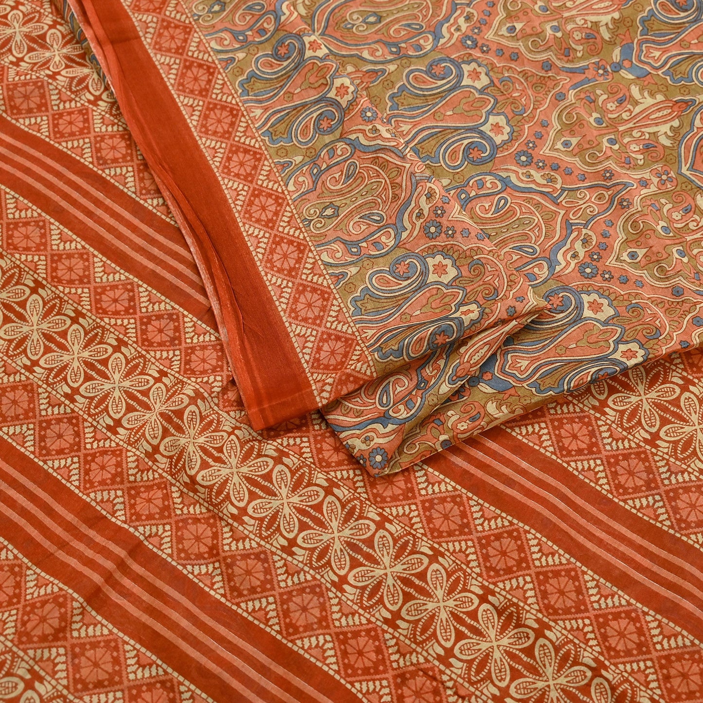 Indian Vintage Sari Green & Orange Printed Pure Cotton Sarees Craft Soft Fabric 5Yd Sewing Sarong Wrap Boho Floral Upcycle Dress making