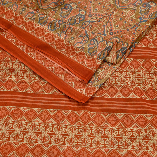 Indian Vintage Sari Green & Orange Printed Pure Cotton Sarees Craft Soft Fabric 5Yd Sewing Sarong Wrap Boho Floral Upcycle Dress making