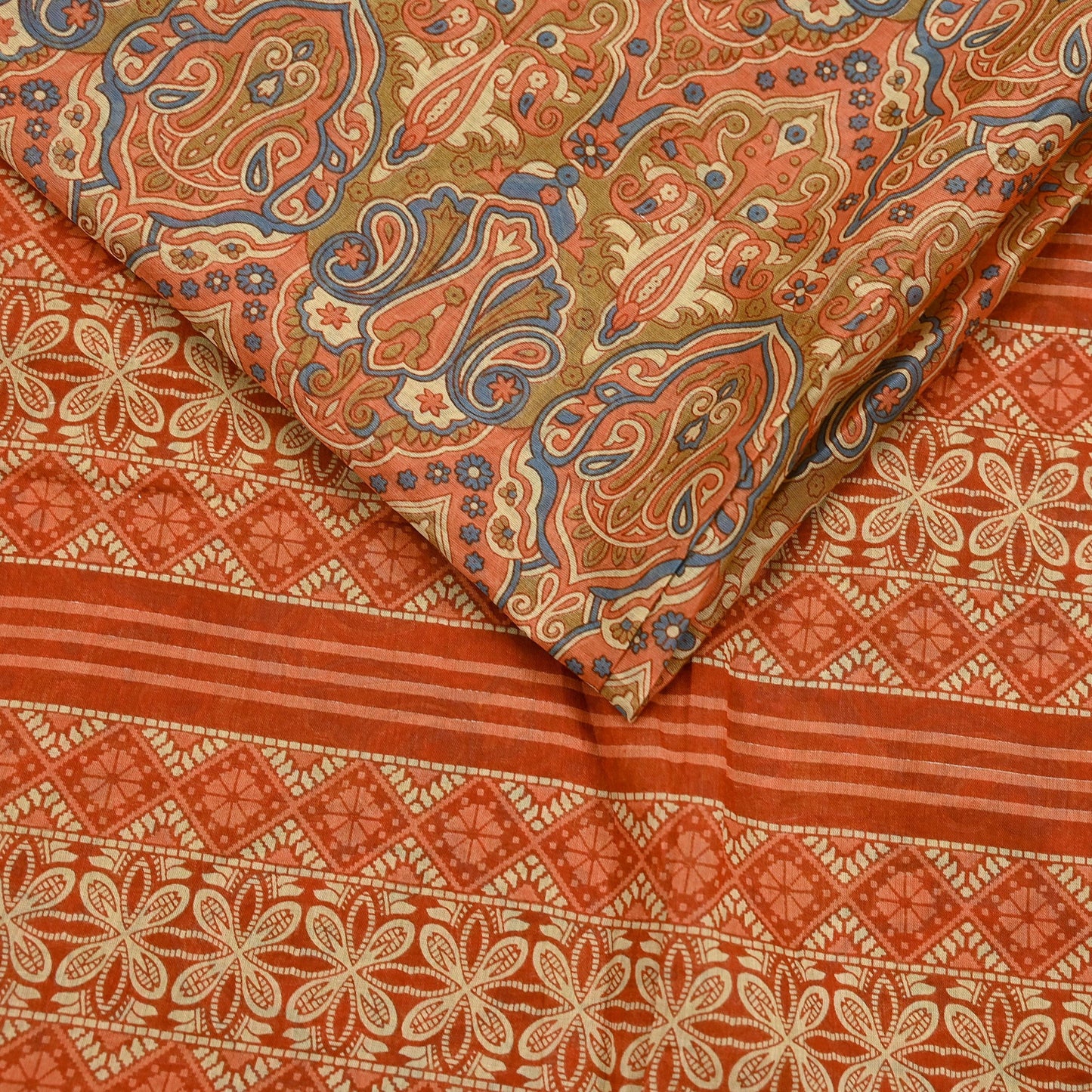 Indian Vintage Sari Green & Orange Printed Pure Cotton Sarees Craft Soft Fabric 5Yd Sewing Sarong Wrap Boho Floral Upcycle Dress making