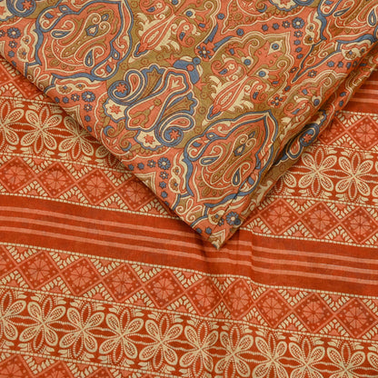 Indian Vintage Sari Green & Orange Printed Pure Cotton Sarees Craft Soft Fabric 5Yd Sewing Sarong Wrap Boho Floral Upcycle Dress making