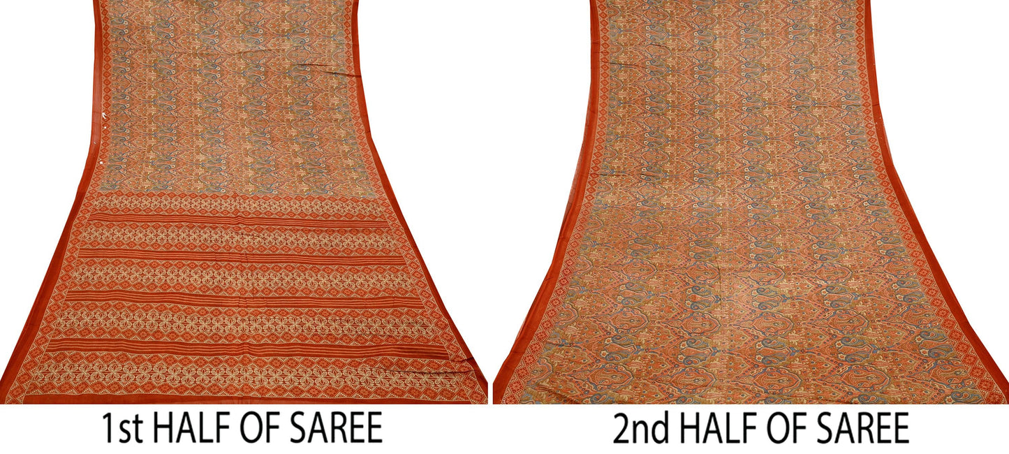 Indian Vintage Sari Green & Orange Printed Pure Cotton Sarees Craft Soft Fabric 5Yd Sewing Sarong Wrap Boho Floral Upcycle Dress making