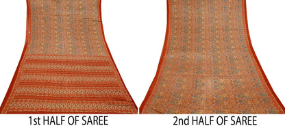 Indian Vintage Sari Green & Orange Printed Pure Cotton Sarees Craft Soft Fabric 5Yd Sewing Sarong Wrap Boho Floral Upcycle Dress making