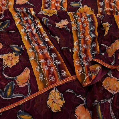 Indian Vintage Sari Maroon Hand Embroidered Printed Pure Georgette Silk Sari Saree Fabric 6Yd Zari Dressmaking Crafting Upcycle