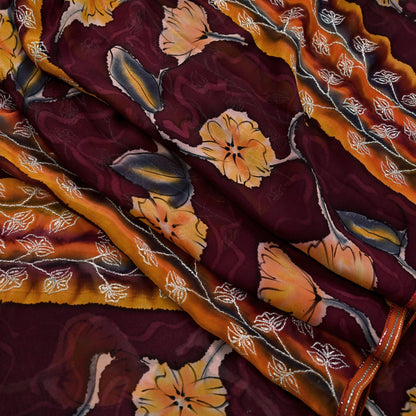 Indian Vintage Sari Maroon Hand Embroidered Printed Pure Georgette Silk Sari Saree Fabric 6Yd Zari Dressmaking Crafting Upcycle