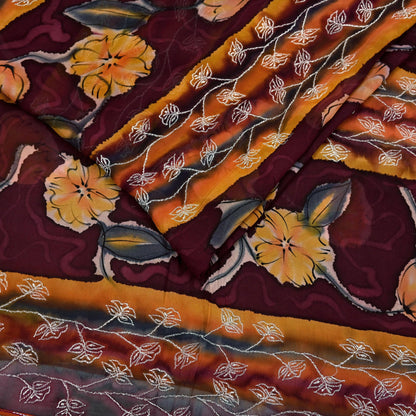 Indian Vintage Sari Maroon Hand Embroidered Printed Pure Georgette Silk Sari Saree Fabric 6Yd Zari Dressmaking Crafting Upcycle