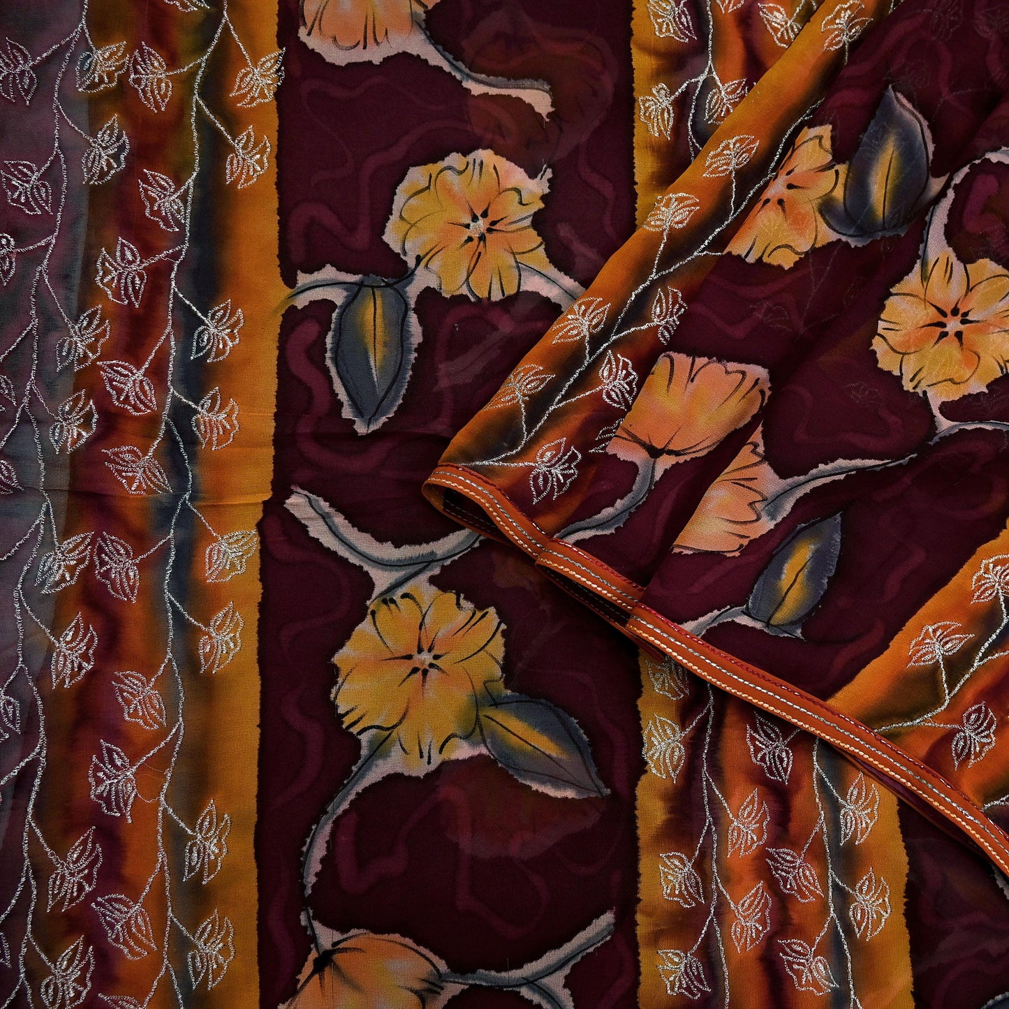 Indian Vintage Sari Maroon Hand Embroidered Printed Pure Georgette Silk Sari Saree Fabric 6Yd Zari Dressmaking Crafting Upcycle