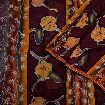 Indian Vintage Sari Maroon Hand Embroidered Printed Pure Georgette Silk Sari Saree Fabric 6Yd Zari Dressmaking Crafting Upcycle