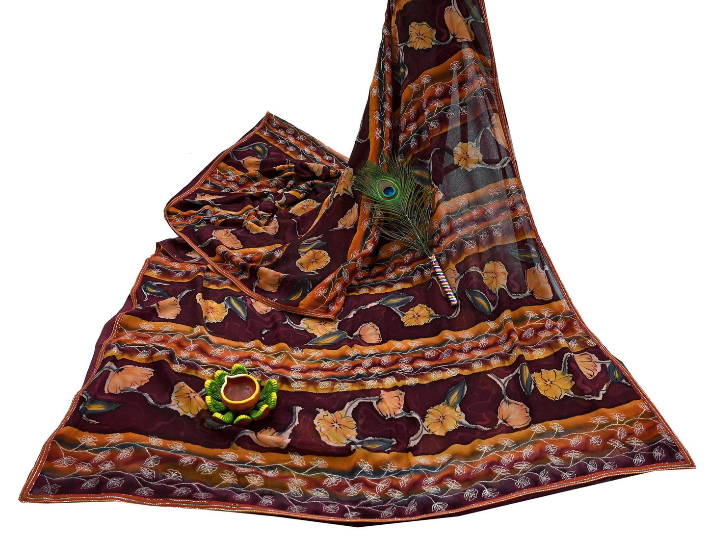 Indian Vintage Sari Maroon Hand Embroidered Printed Pure Georgette Silk Sari Saree Fabric 6Yd Zari Dressmaking Crafting Upcycle