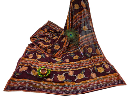 Indian Vintage Sari Maroon Hand Embroidered Printed Pure Georgette Silk Sari Saree Fabric 6Yd Zari Dressmaking Crafting Upcycle