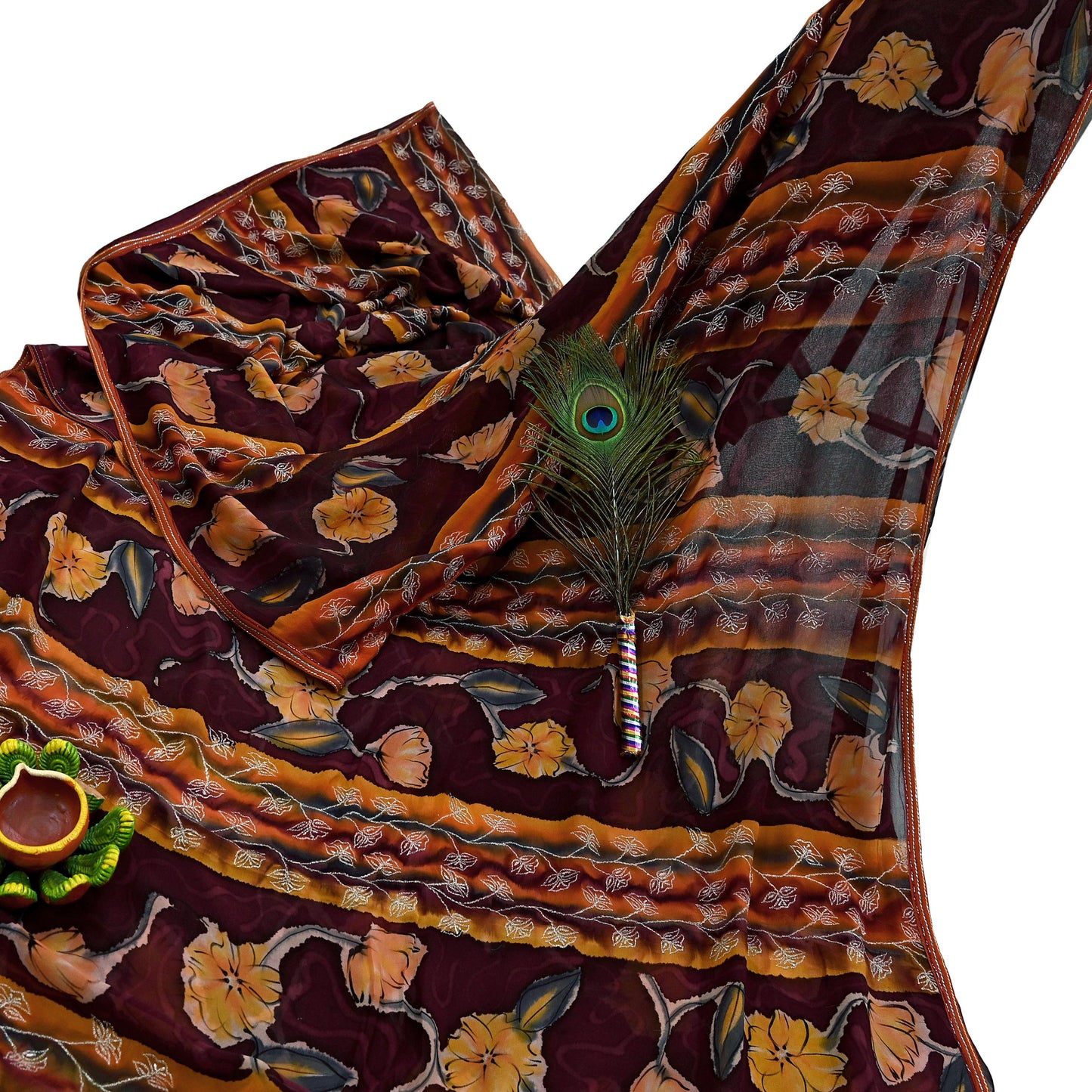 Indian Vintage Sari Maroon Hand Embroidered Printed Pure Georgette Silk Sari Saree Fabric 6Yd Zari Dressmaking Crafting Upcycle