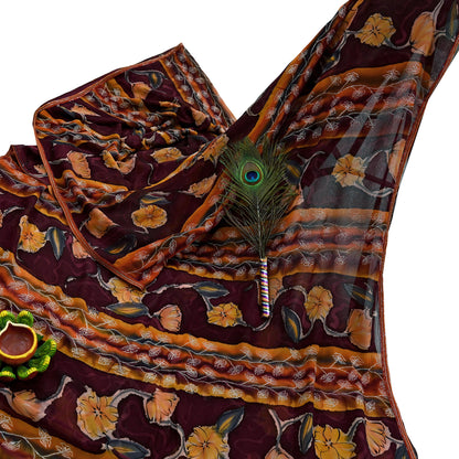 Indian Vintage Sari Maroon Hand Embroidered Printed Pure Georgette Silk Sari Saree Fabric 6Yd Zari Dressmaking Crafting Upcycle