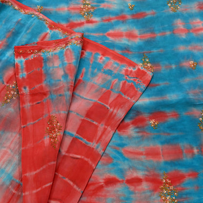 Indian Vintage Saree Blue & Red Pure Crepe Silk Hand Embroidered Tie-Dye Sari Fabric 5yard Sewing Craft Fabric Ethnic Dressmaking Crafting