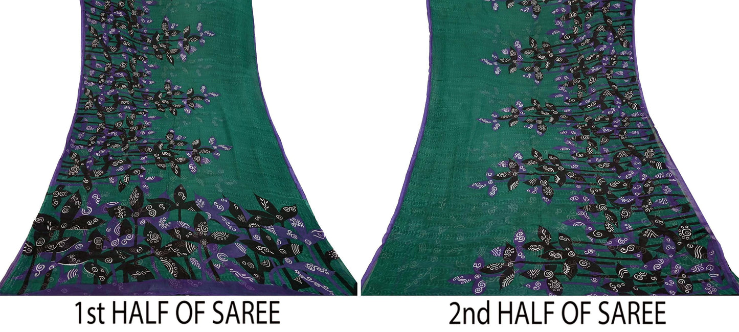 Indian Vintage Green & Black Saree Georgette Digital Printed Sari Sewing 5yard Craft Soft Abstract Crafting Dress Making Upcycle