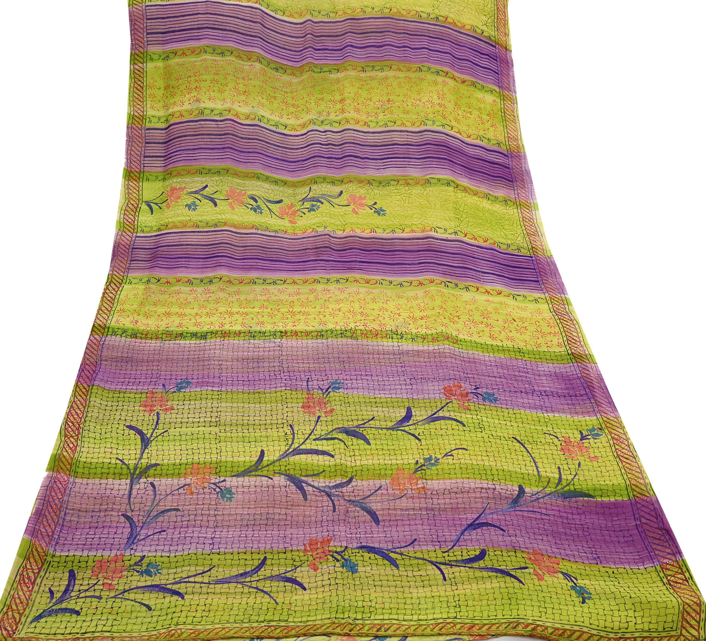 Indian Vintage Sari Green & Purple Pure Georgette Silk Printed Sarees Craft Fabric Sewing 6Yd Soft Sari Dress Making Crafting Quilting