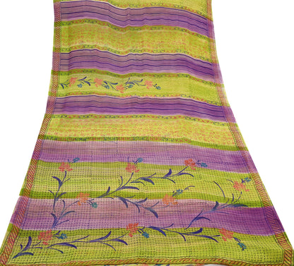 Indian Vintage Sari Green & Purple Pure Georgette Silk Printed Sarees Craft Fabric Sewing 6Yd Soft Sari Dress Making Crafting Quilting