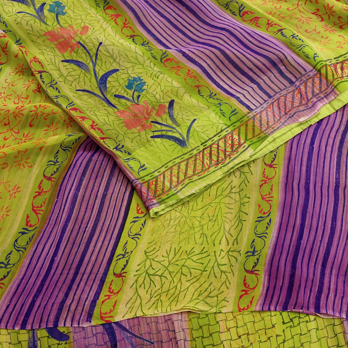 Indian Vintage Sari Green & Purple Pure Georgette Silk Printed Sarees Craft Fabric Sewing 6Yd Soft Sari Dress Making Crafting Quilting