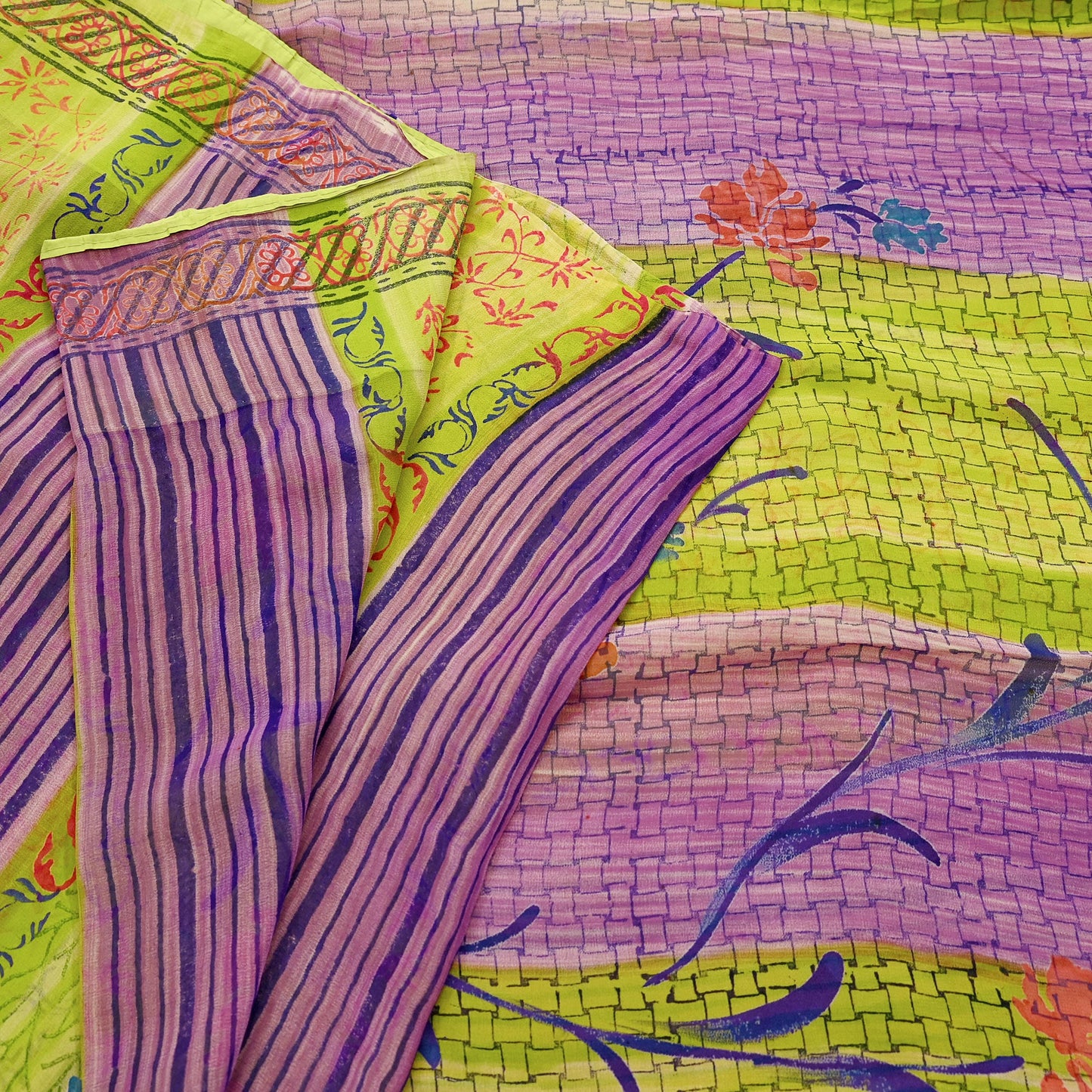 Indian Vintage Sari Green & Purple Pure Georgette Silk Printed Sarees Craft Fabric Sewing 6Yd Soft Sari Dress Making Crafting Quilting