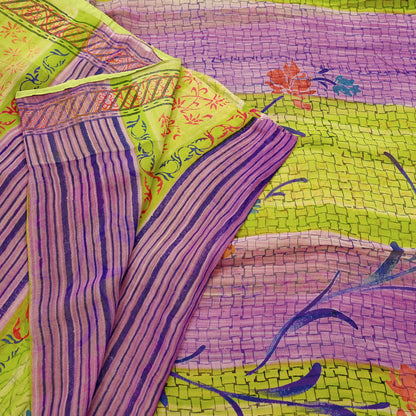 Indian Vintage Sari Green & Purple Pure Georgette Silk Printed Sarees Craft Fabric Sewing 6Yd Soft Sari Dress Making Crafting Quilting