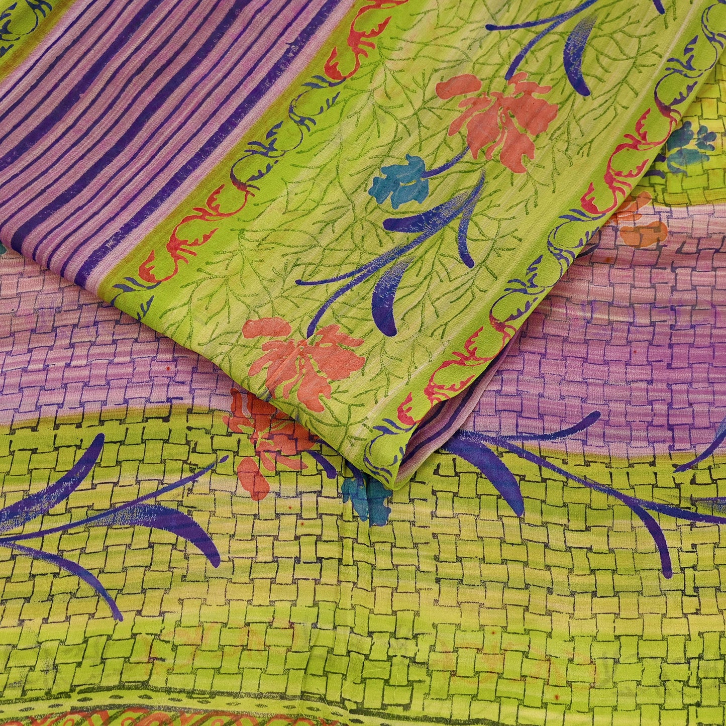 Indian Vintage Sari Green & Purple Pure Georgette Silk Printed Sarees Craft Fabric Sewing 6Yd Soft Sari Dress Making Crafting Quilting